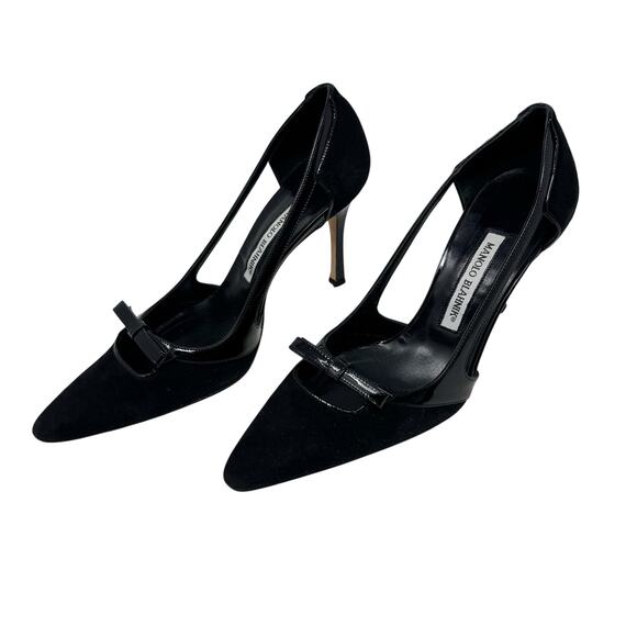 Manolo Blahnik Black Suede Patent D’Orsay Pumps Bow Detail Women’s EU 38.5 - Picture 5 of 9